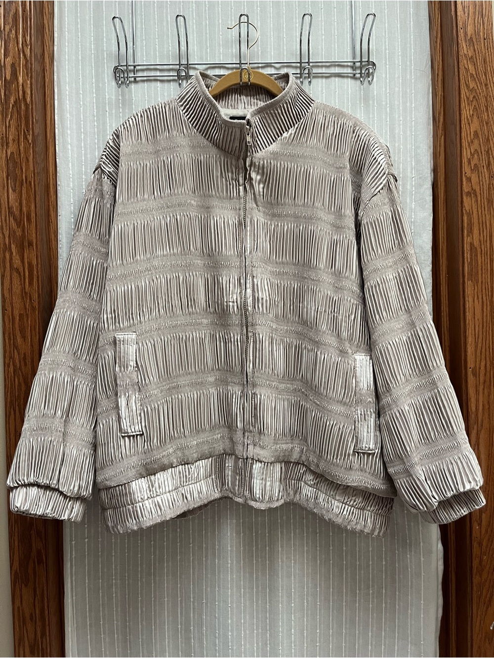 Vtg 80s A.D.S. Metallic Pleated Ruched Bomber Jacket Gold 2X